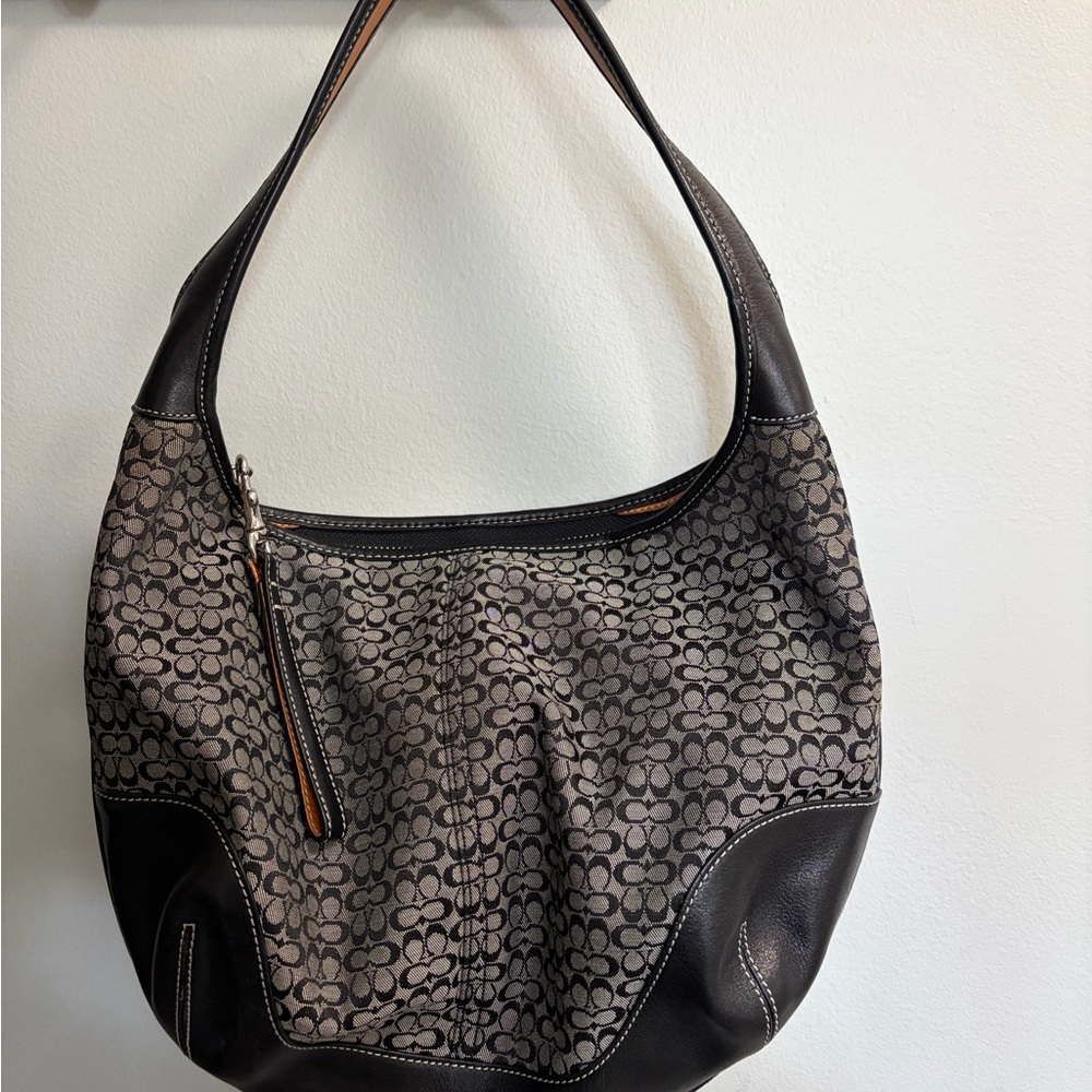 Coach Black and Tan Patterned Hobo Bag
